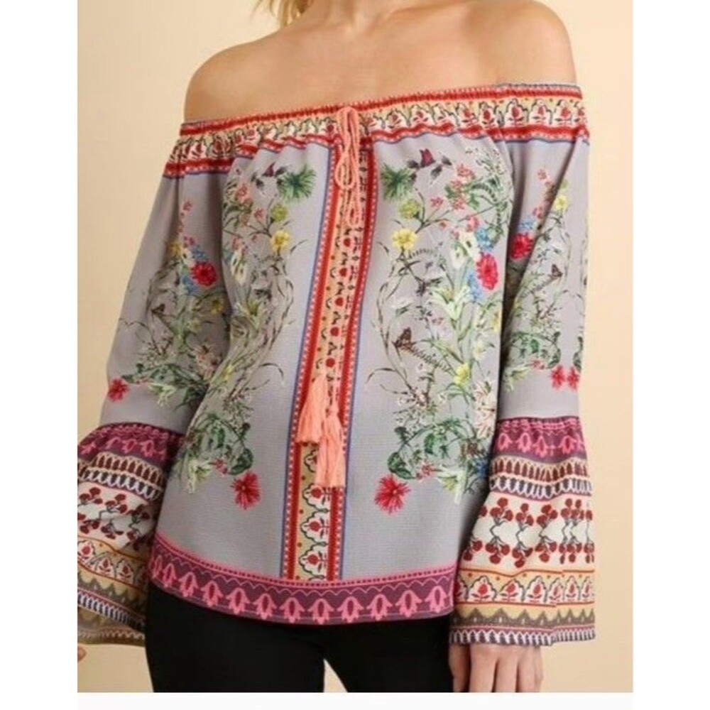 Umgee Shirt Large Floral Bell Sleeve Off Shoulder Boho Hippie Flowy Festival